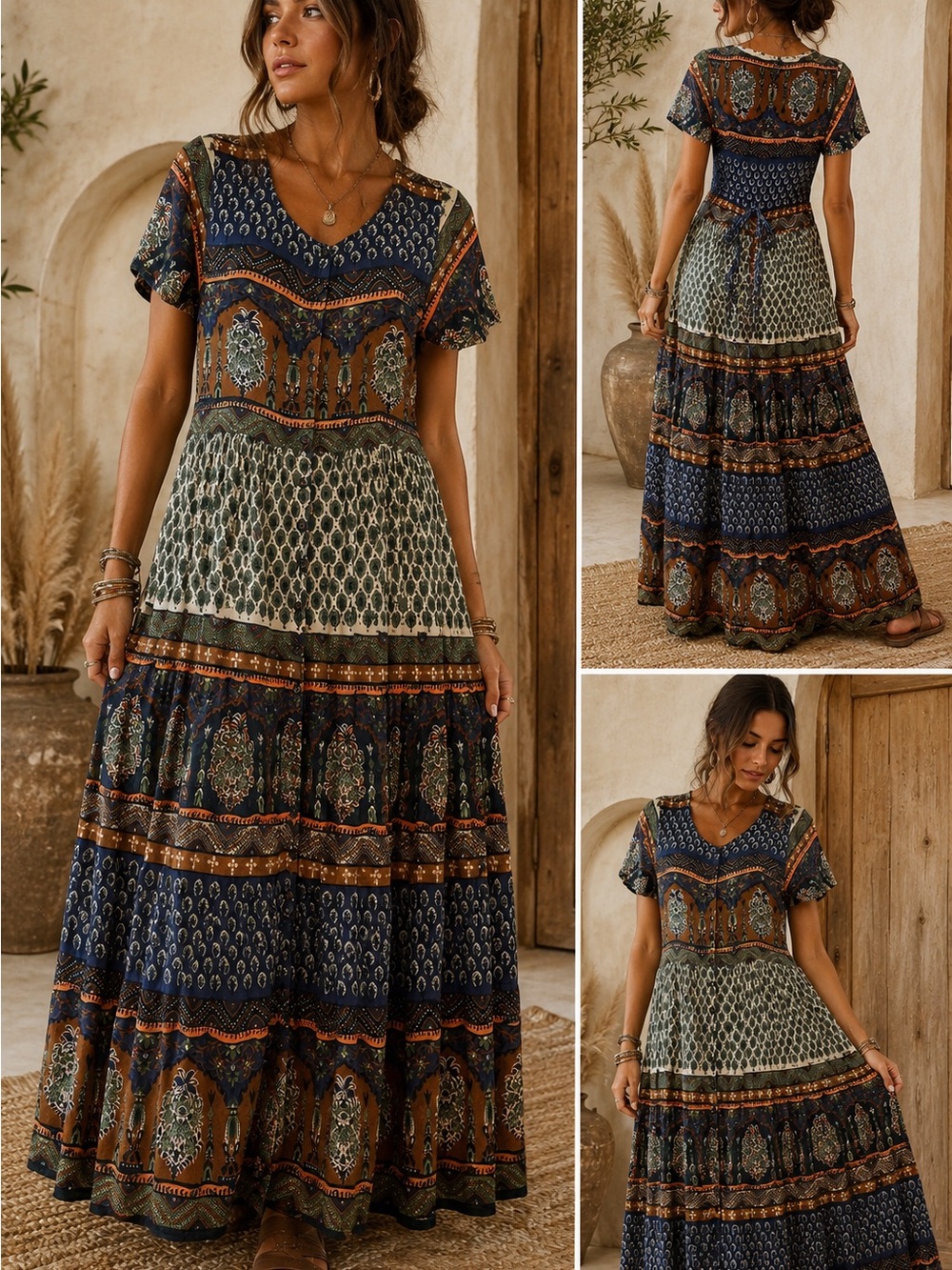 Vintage Y2K HerStyle Boho Patchwork Cotton Maxi Dress M Made in India